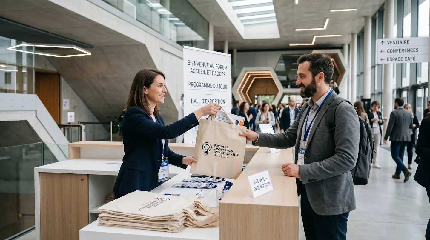 Scène d'accueil à l'entrée d'événement professionnel français, organisateur remettant tote bag personnalisé à participant, pile de sacs sur comptoir moderne, signalétique française visible