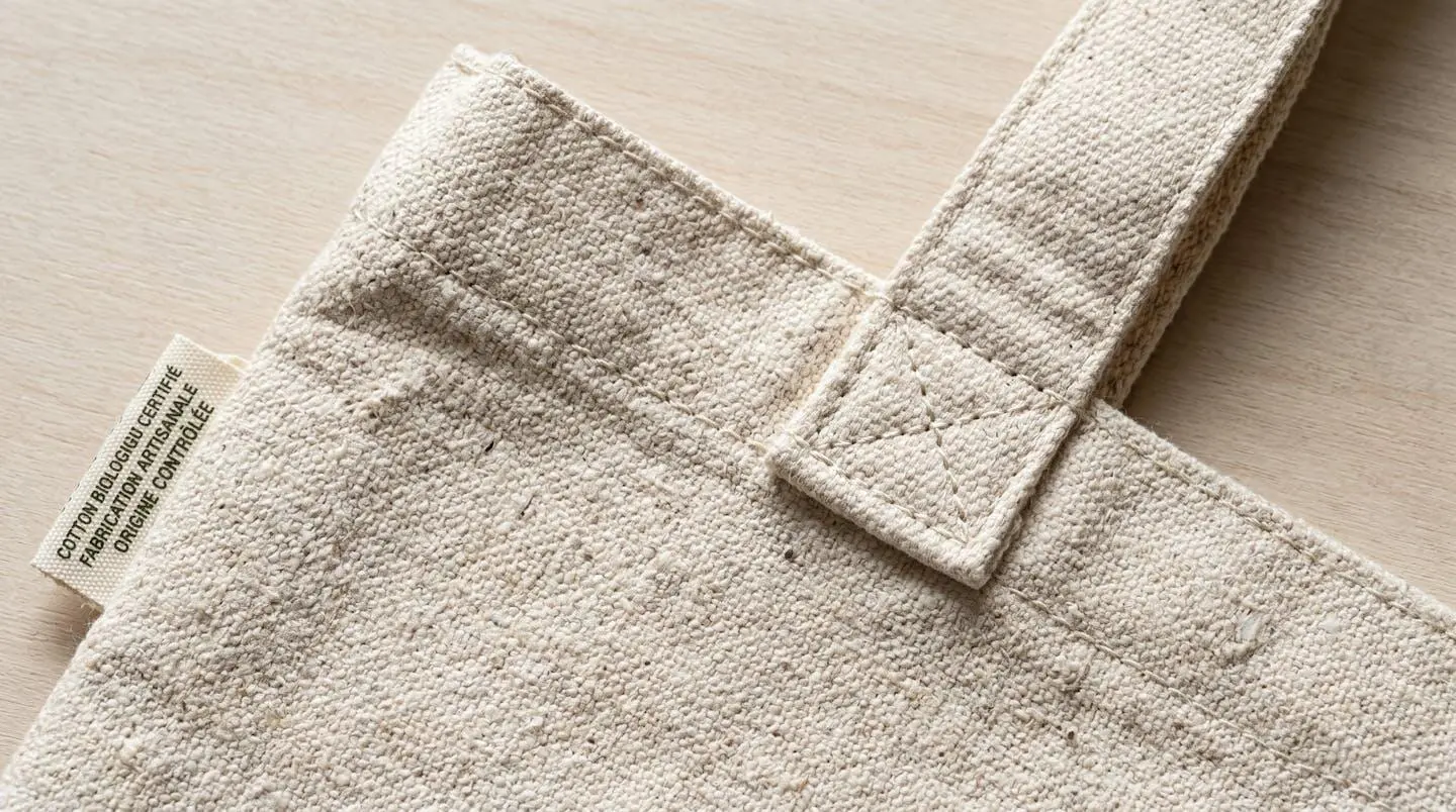 Gros plan macro sur tissage coton bio écru de tote bag montrant texture des fibres, couture double renforcée et jonction anse avec surpiqûres