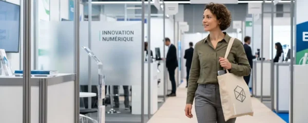 Participant professionnel circulant dans allée de salon B2B portant tote bag personnalisé beige avec logo visible sur épaule, stands modernes en arrière-plan