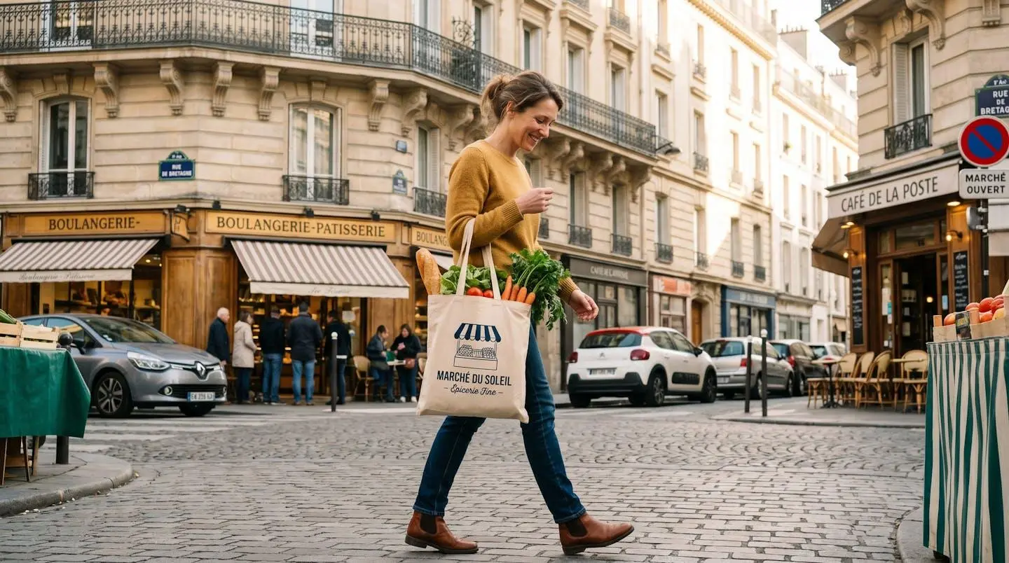 Personne faisant ses courses dans rue commerçante française, portant tote bag personnalisé rempli de produits frais, architecture urbaine typique en arrière-plan